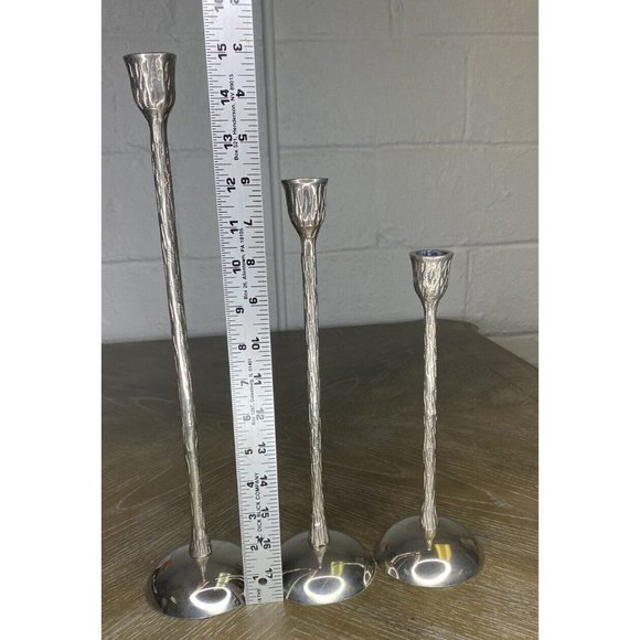 Tall Silver Candlestick‎ Holders Set 3 Graduated Textured Holders Tree Bark - Picture 6 of 8